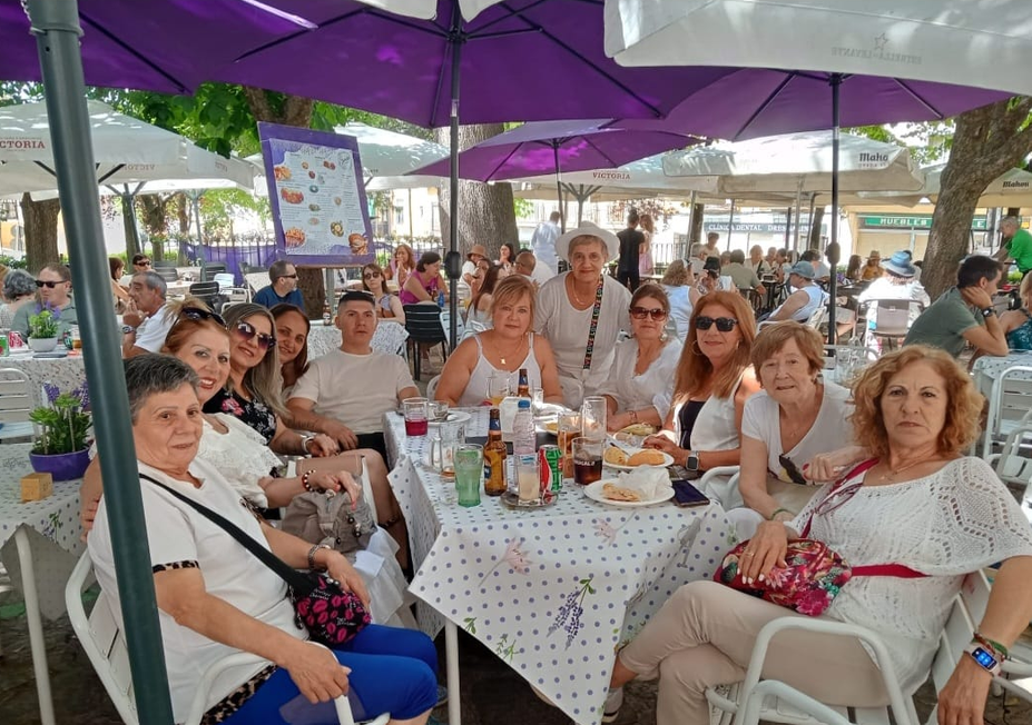 Grupo de amigos mayores de 50 años compartiendo una comida al aire libre