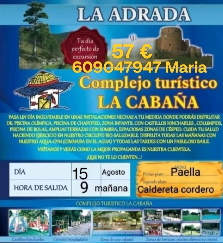 Cartel de la excursión a La Adrada y al complejo turístico La Cabaña, prevista para el 15 de agosto